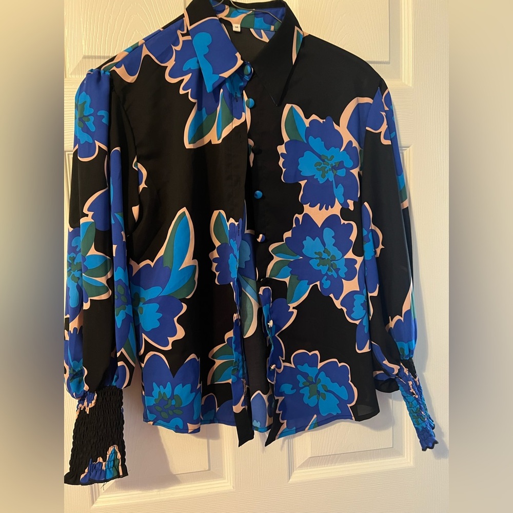 Floral Women's Top - Black and Blue